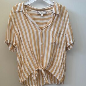 Pink Rose Mustard and White Striped Button-Down Tie Front Shirt